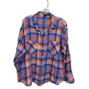 Sanctuary Blue Orange Casual Shirt 1X Button Down Soft Cotton Blend Long Sleeve